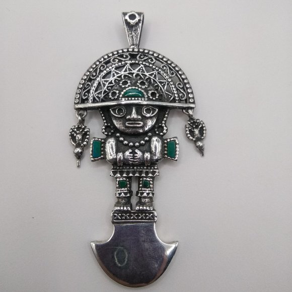 Peruvian necklace in 950 sterling silver with turquoise natural stone tumi desig - Picture 5 of 10